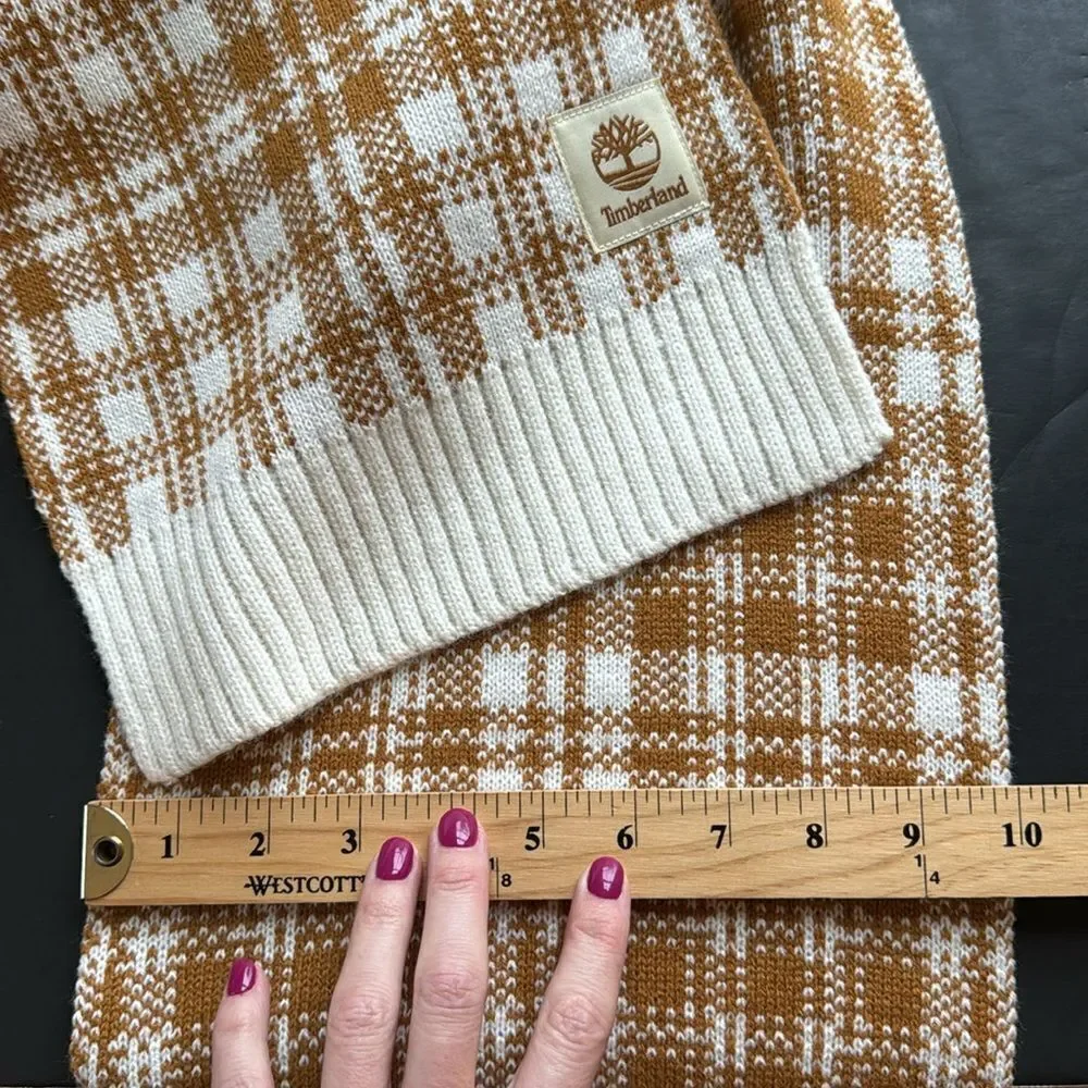 NWT Timberland Buffalo Plaid Knit‎ Scarf Cozy Logo Checkered Tan Cream
